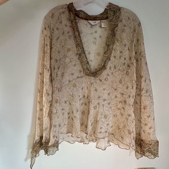 J. Jill Boho Silk Sheer Blouse Floral Flare Sleeve V-Neck Beach Resort Cruise MP - Picture 1 of 8